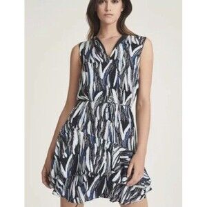 Reiss Elsie Dress Womens 10 Blue  Geometric Shift Ruffle Hem Tie Waist